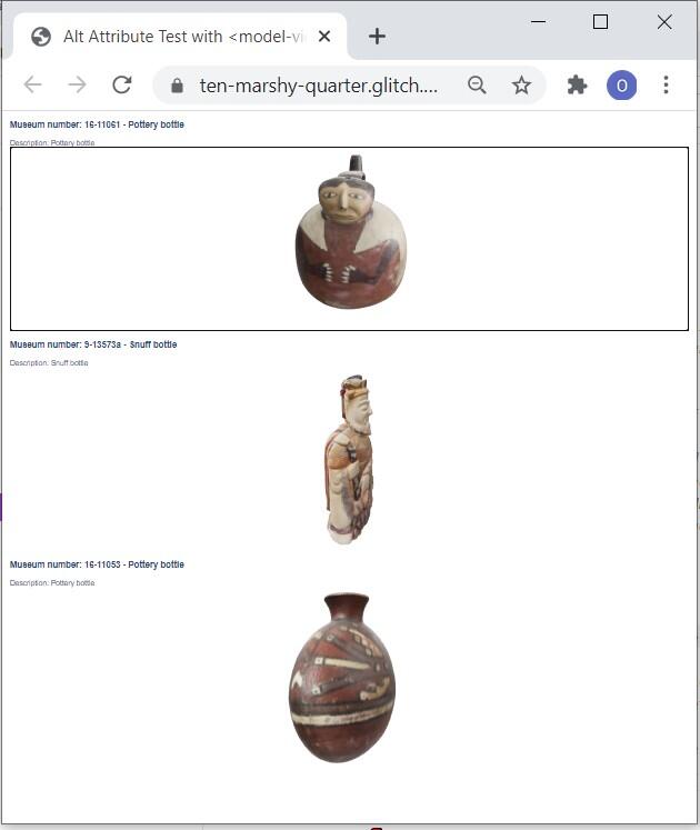 Screenshot of Model-Viewer webpage Screenshot of Model-Viewer webpage showing Google Model-Viewer based display of the converted 3D objects: